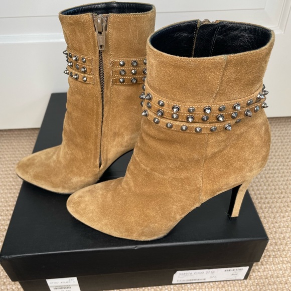 Authentic Saint Laurent Women Tan Suede Ankle Boot with silver spikes size:37.5 - Picture 7 of 12